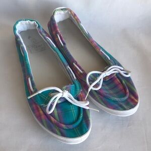 New Edition madras print multi-color plaid sneakers, size 9/10 (L)